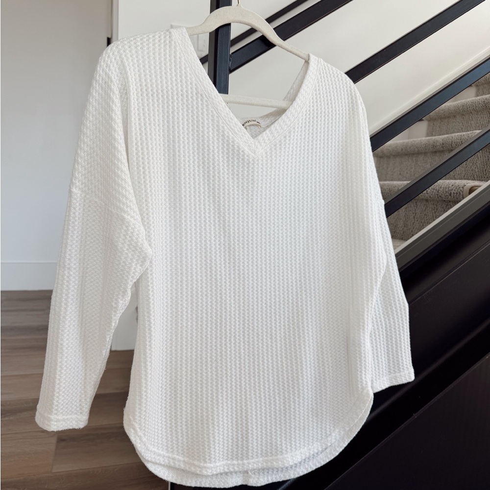 White V-Neck Waffle Knit Tunic